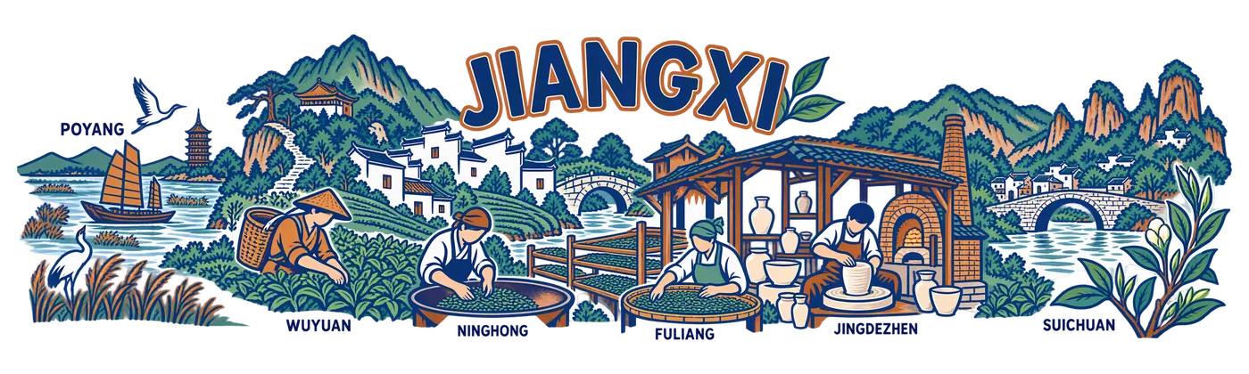 Jiangxi — Sail, gables, and tea bowl
